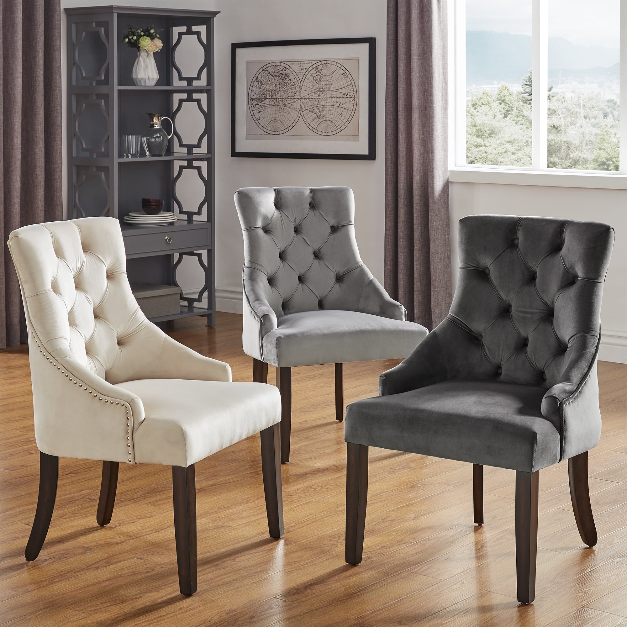 Chelsea Lane Curved Back Velvet Tufted Dining Chair, Set of 2, Gray