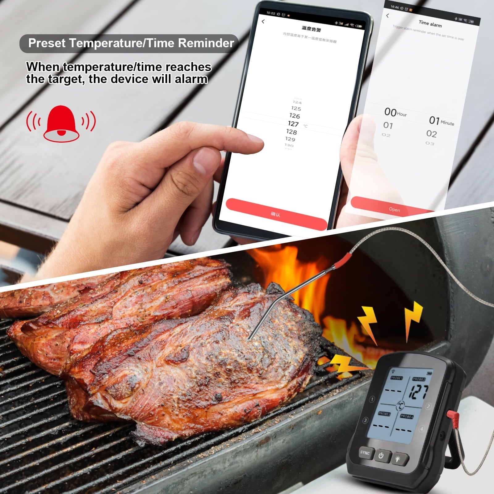 Wireless Meat Thermometer with 4 Probes, 328FT Bluetooth Meat Thermometer, Cooking Thermometer, BBQ Grill Thermometer for Smoker, Oven, Kitchen