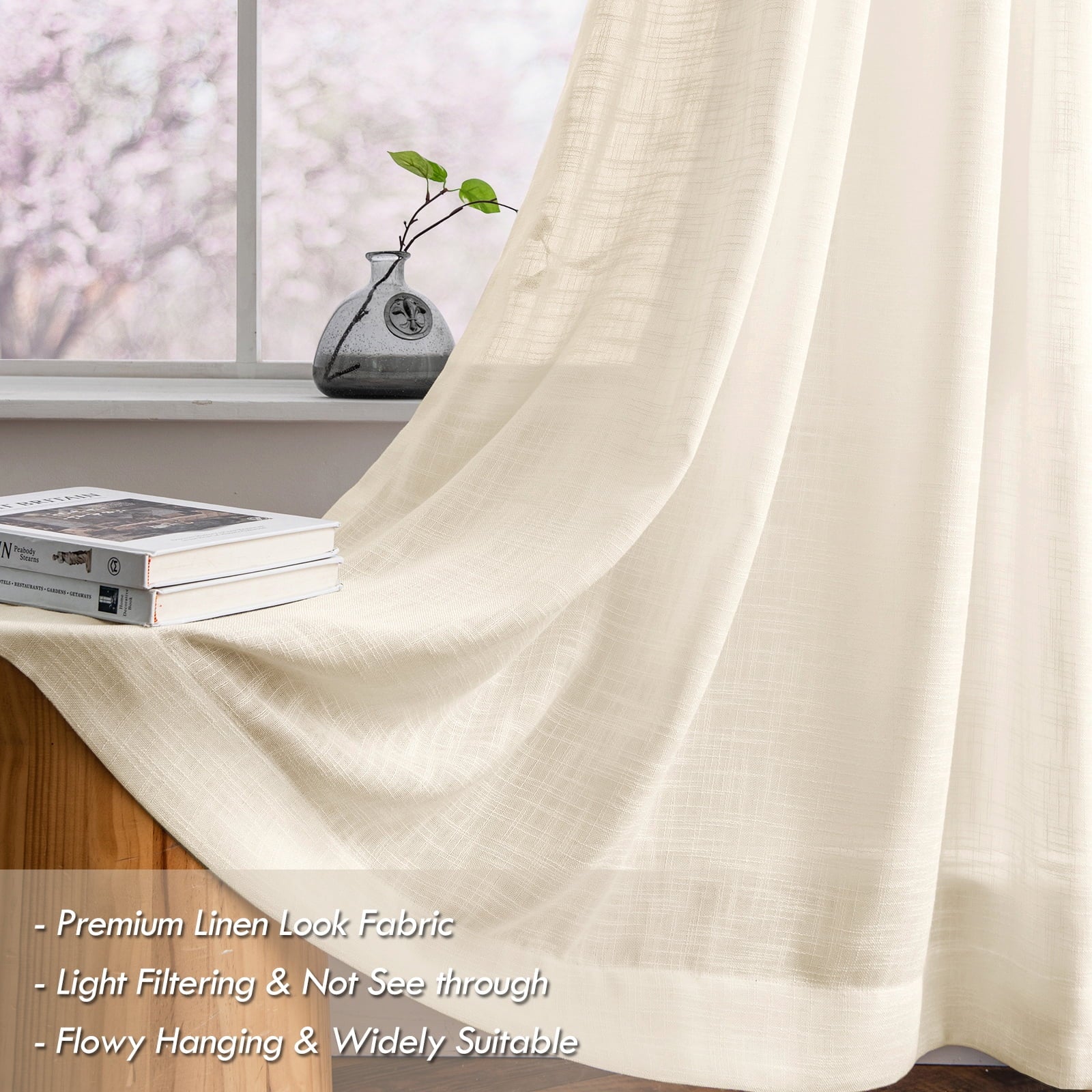 Melodieux Linen Textured Semi Sheer Voile Curtain, Grommet Top, 2 panels, Cream/Yellow - 52 x 96 Inch