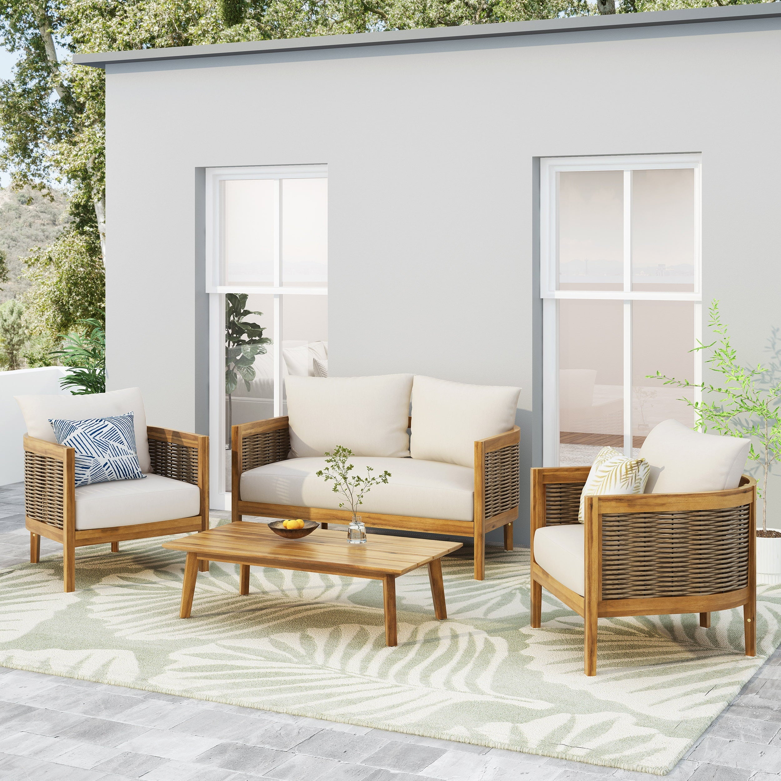 Morrow Outdoor Acacia Wood 4 Seater Chat Set with Cushions, Teak, Mixed Brown, and Beige