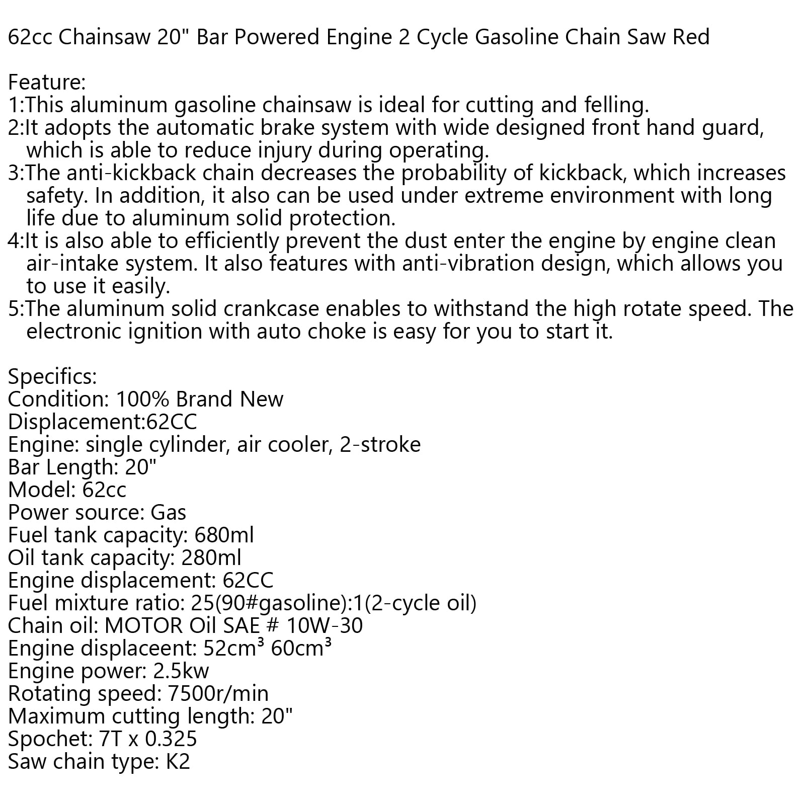 62CC 20 Inch Gas Chainsaws,2 Cycle Gasoline Chainsaw Gasoline Powered Handheld Cordless Petrol Gasoline Chain Saw Chainsaw for Farm, Garden and Ranch (Black)