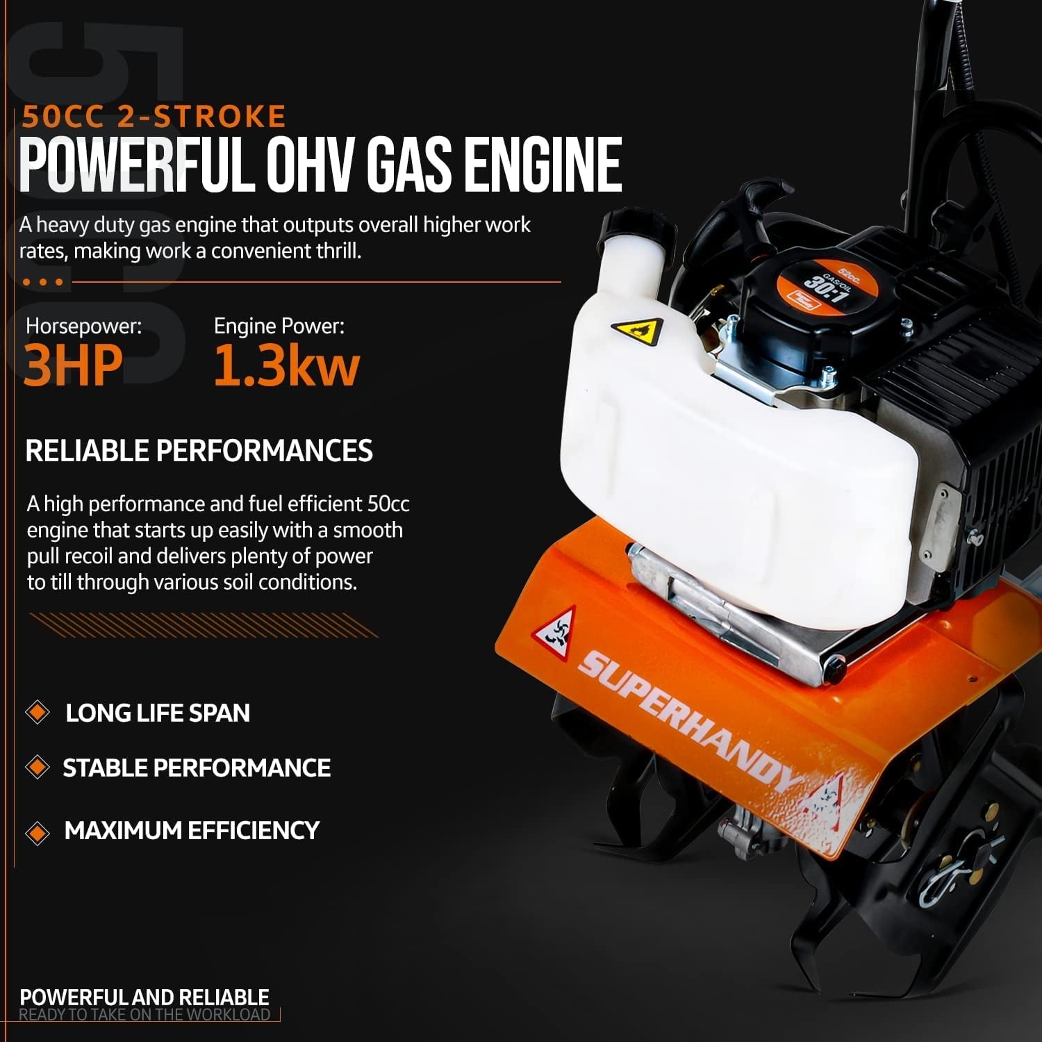 SuperHandy Mini Garden Tiller - 3HP Gas Engine, Adjustable Tines, 11