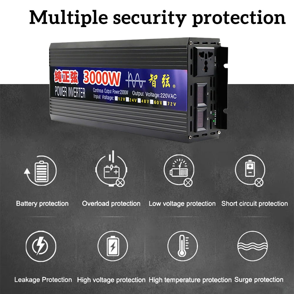 DFITO Car Power Inverter 1000W DC 12V to AC 110V Pure Sine Wave Solar Converter LCD