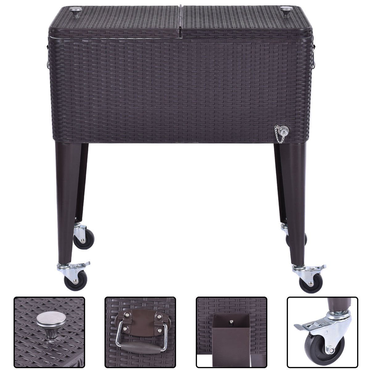 UBesGoo Outdoor Patio 80 Quart Party Portable Rolling Cooler Wheeled Ice Chest with Bottle Opener, Brown Rattan