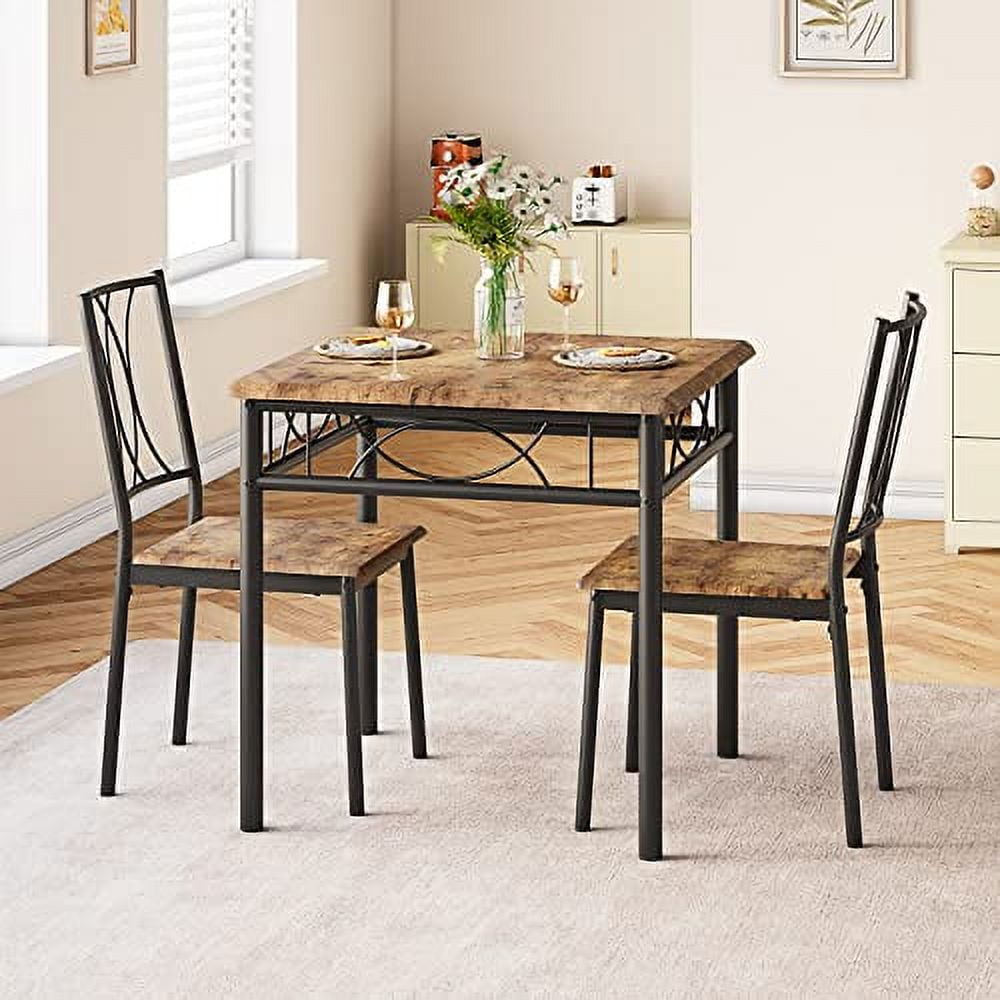 3 Piece Kitchen Table Set, Dining Table and Chairs for 2, Metal and Wood Square Dining Room Table Set with 2 Upholstered Chairs, Kitchen Table Set for Small Space, Apartment, Rustic Brown