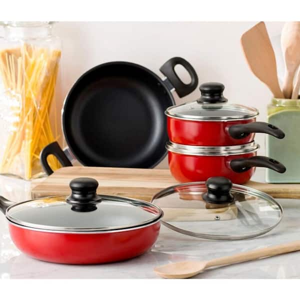 8-Piece Thermal Conducting Aluminum Non-Stick Cookware Set with Lids in Red