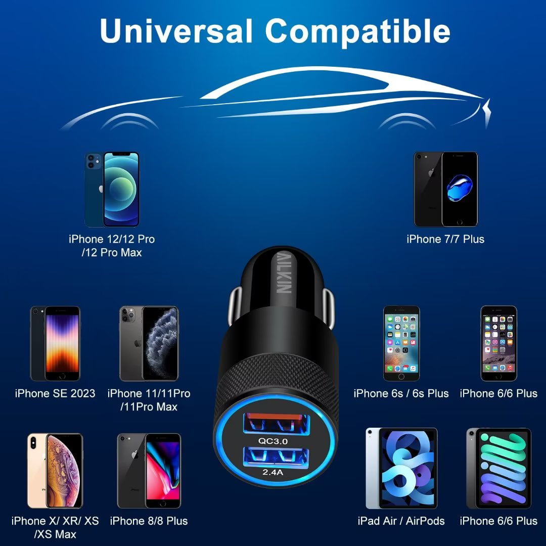 iPhone Car Charger,AILKIN USB Car Charger,Dual USB Lightning Car Charger Adapter Car Socket Cigarette Lighter QC3.0/2.4A iPhone Car Charger with 2PCS Lightning Cable 6ft（Black)