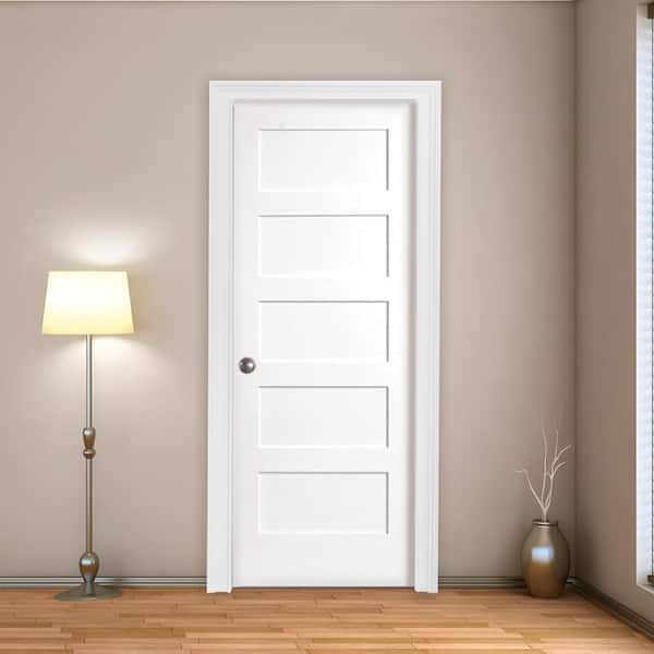 36 in. x 80 in. 5-Panel Primed White Shaker Solid Core Wood Interior Door Slab