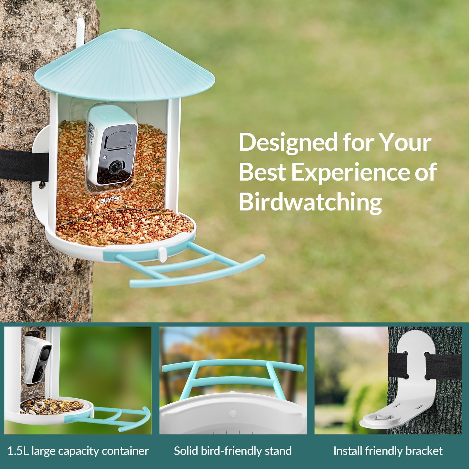 Bird Feeder with Camera, Netvue Birdfy Smart Bird Watching Camera with Solar Panel, Blue(Lite+Solar)