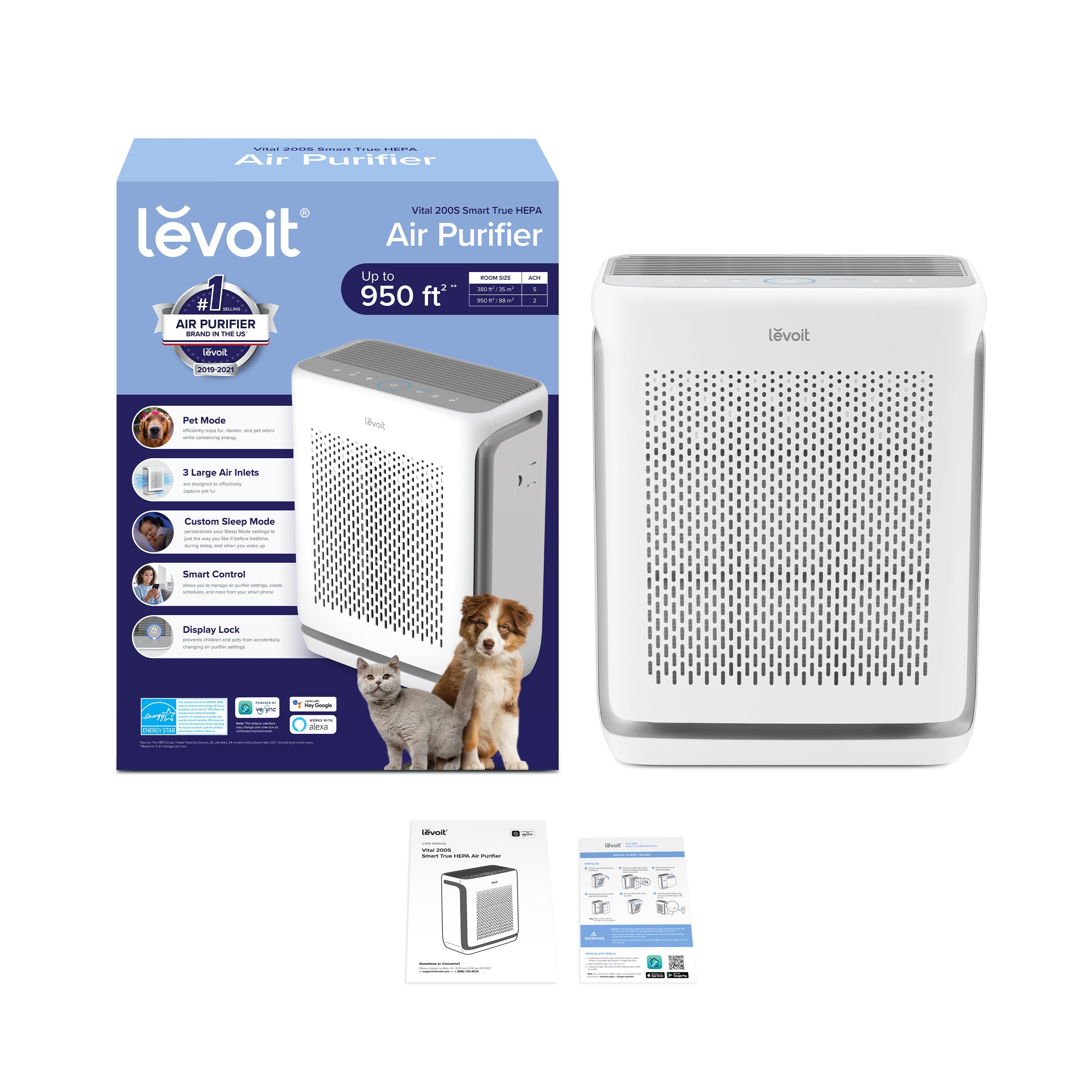 Levoit Vital 200S Smart True HEPA Air Purifier, Filters 0.3-Micron Airborne Particles, Traps Dust, Smoke, Odors, Pet Dander, Auto Mode, 380 sq ft Coverage