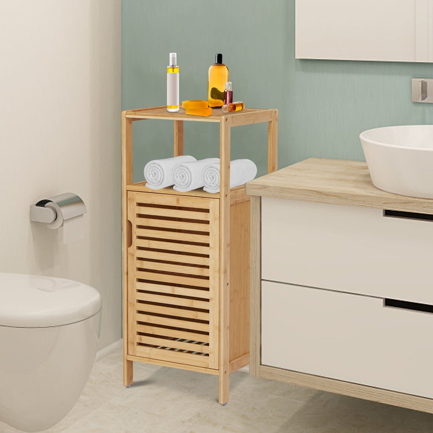 Kinbor Bamboo Cabinet with 5 Hooks Storage Organizer Single Door and Shelf Freestanding Kitchen Bathroom Living Room