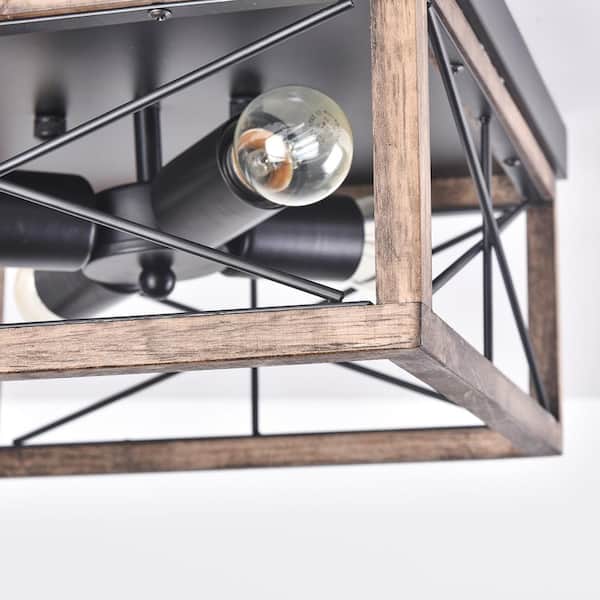 12.6 in. 4-Light Farmhouse Rustic Square Wooden Flush Mount Ceiling