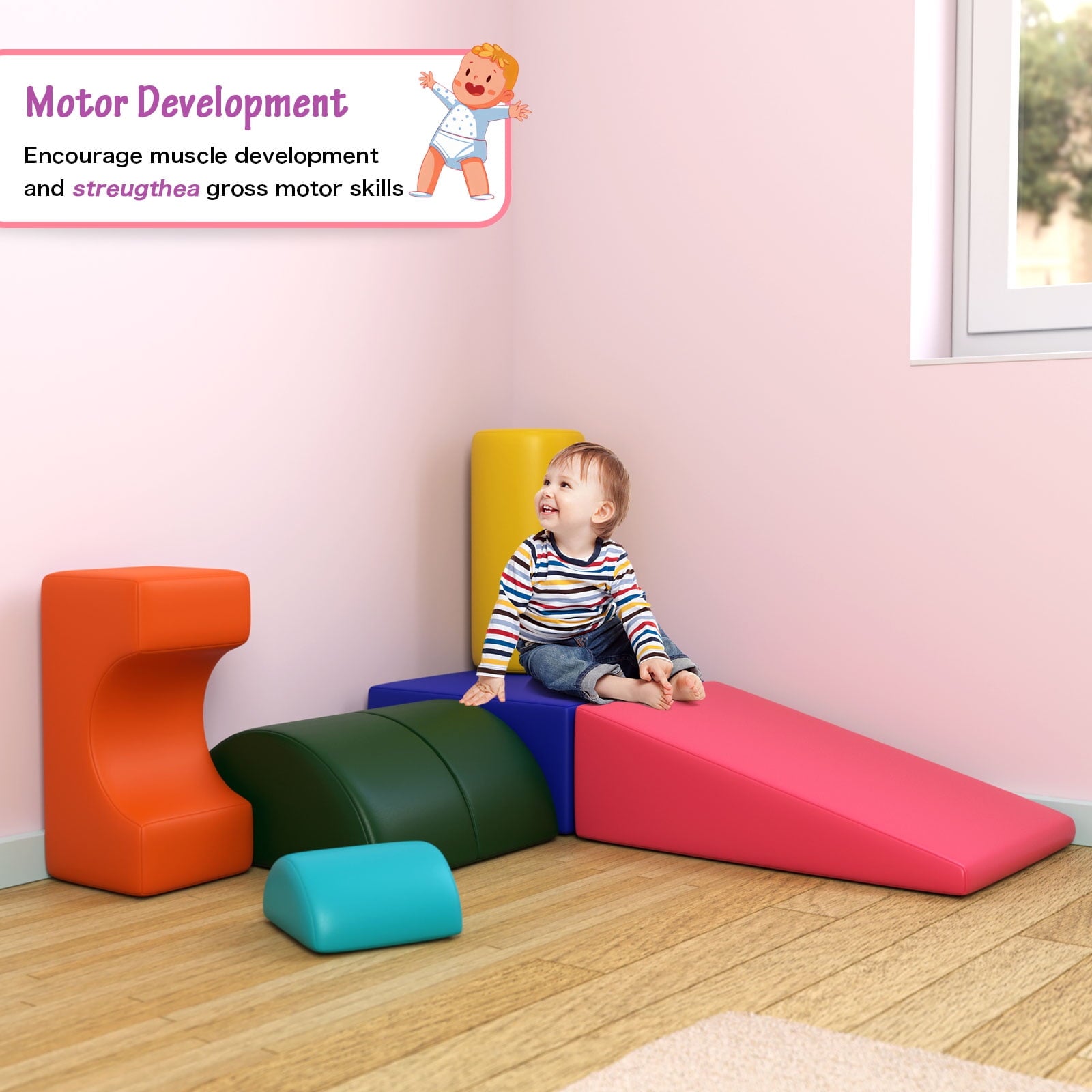 6-Piece Kids Soft Play Corner Climbers Foam Play Set Indoor Climbers for Toddler 1-3,Pink/Blue
