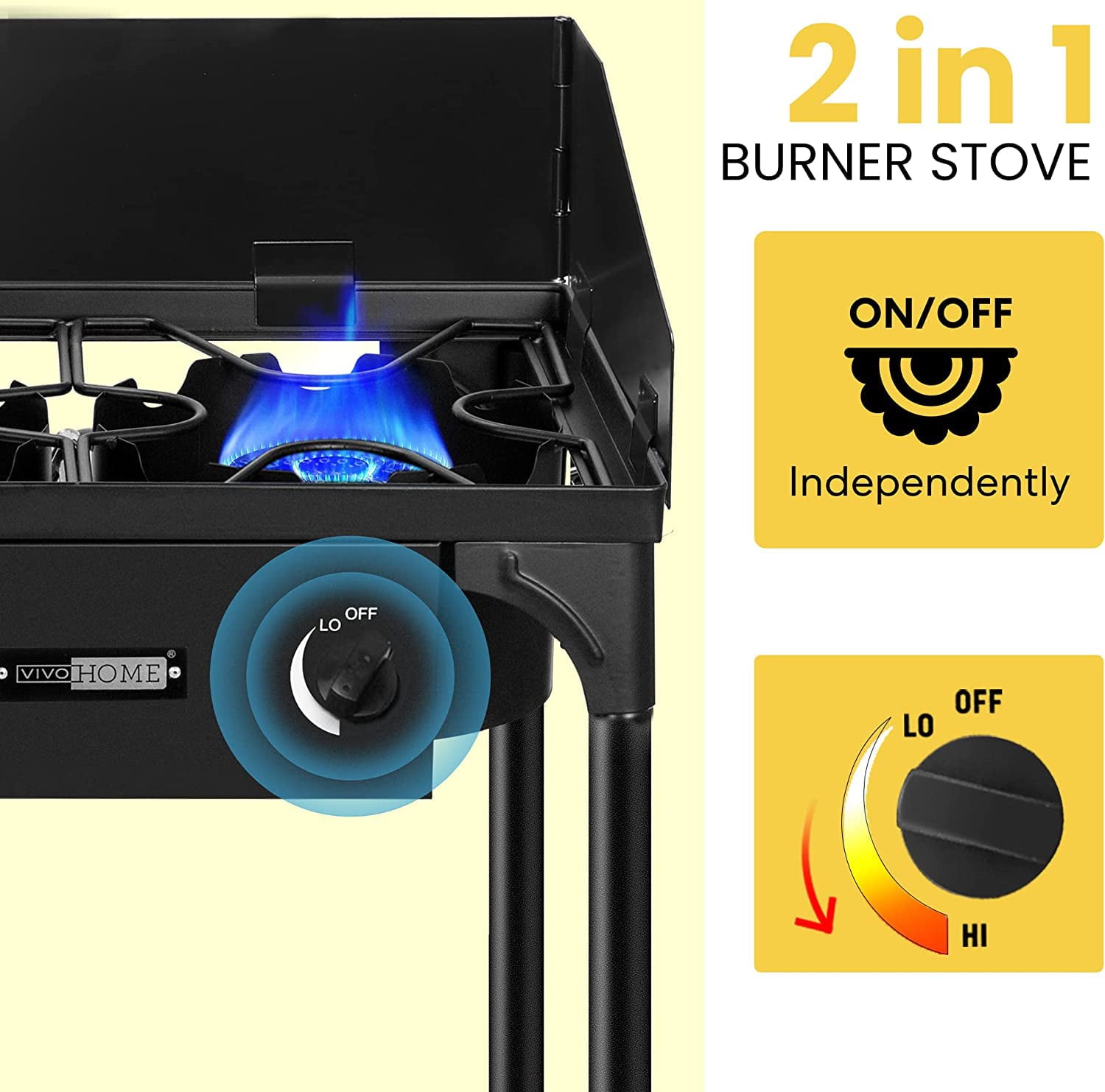 VIVOHOME Double Burner Stove, Dual Propane with Windscreen and Detachable Legs Stand, Max. 150000 BTU/Hr