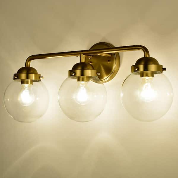 3 Light Antique Brass Vanity Light with Globe Clear Glass Shade