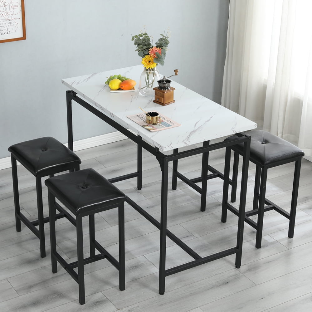 Counter Height Dining Set for 4, BTMWAY 5-Piece Bar Height Dining Room Table Sets, Faux Marble Dining Table and 4 Upholstered Chairs Set, Space Saving Metal Frame Breakfast Diner Table Set, Black