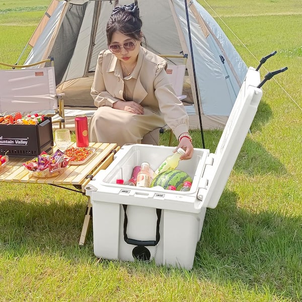 Heavy-Duty Wheels 65 qt. White Chest Cooler with Bottle Opener for Beach Drink Camping Picnic Fishing Boat Barbecue
