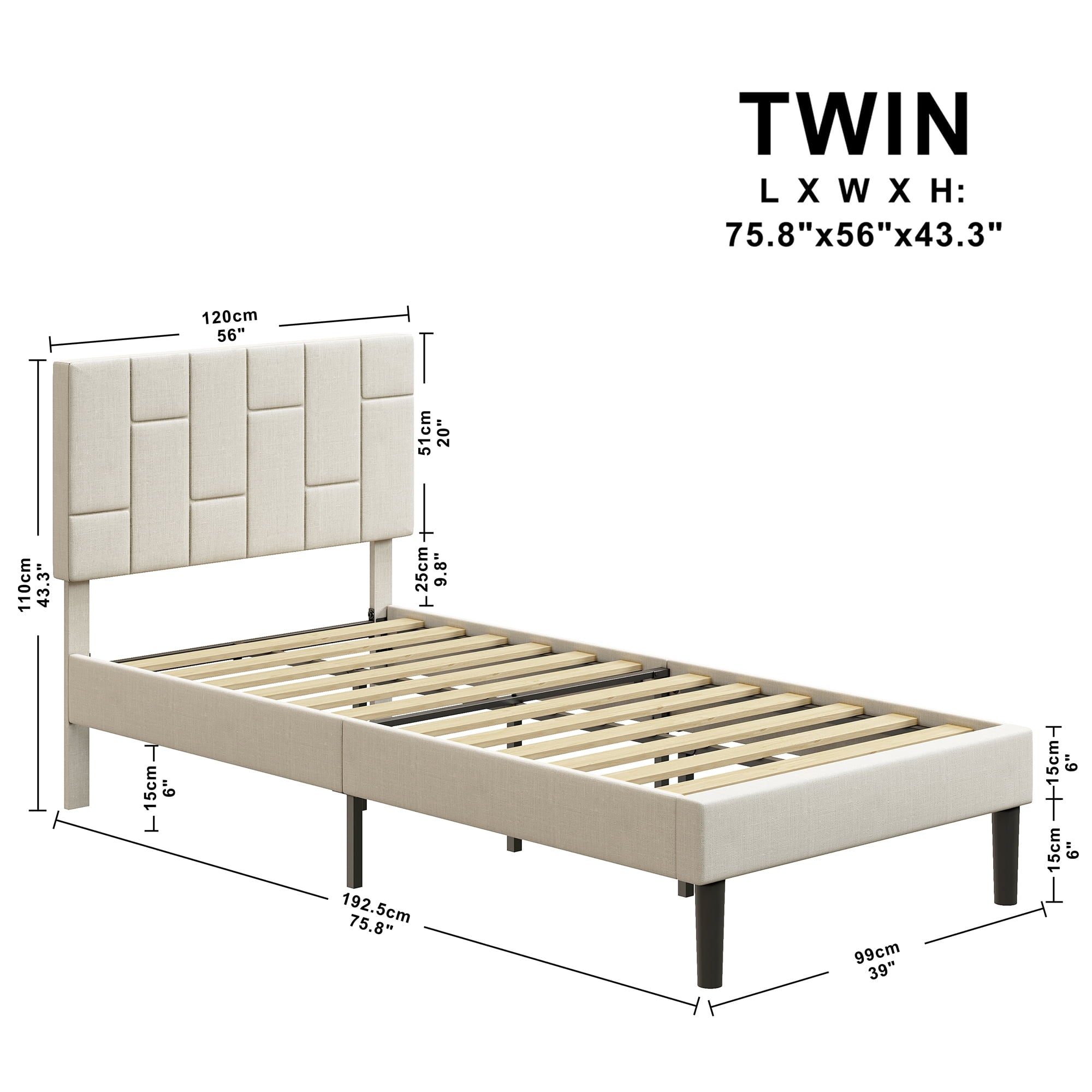 LIKIMIO Twin Bed Frame with Upholstered Headboard and Wood Slat Support, Platform Bed for Teen Boy Girl, Beige