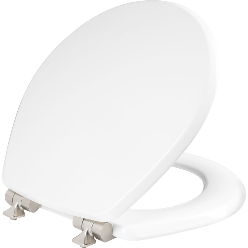Mayfair Benton? Round Enameled Wood Toilet Seat in White with STA-TITE? Seat Fastening System? and Whisper•Close? Brushed Nickel Hinge