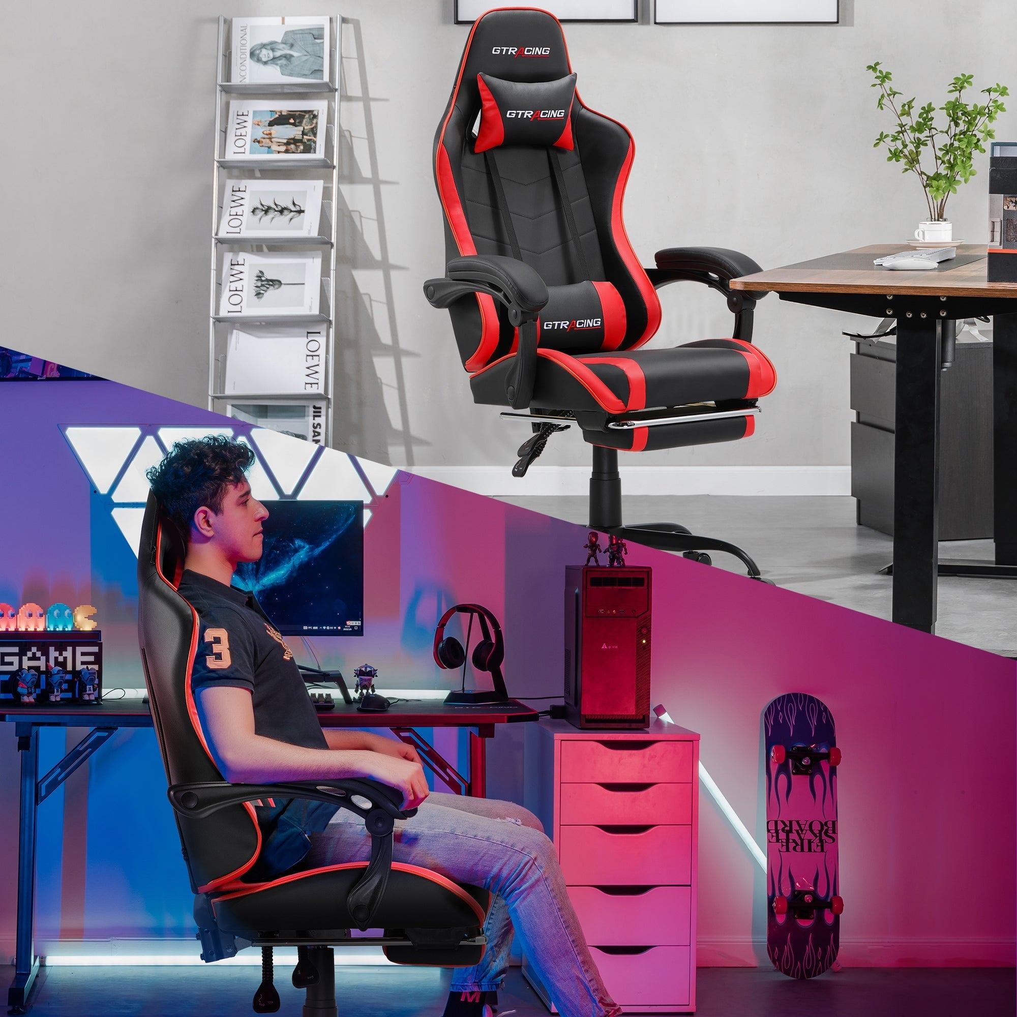 GTRACING GTWD-200 Gaming Chair with Footrest, Height Adjustable Office Swivel Recliner, Red