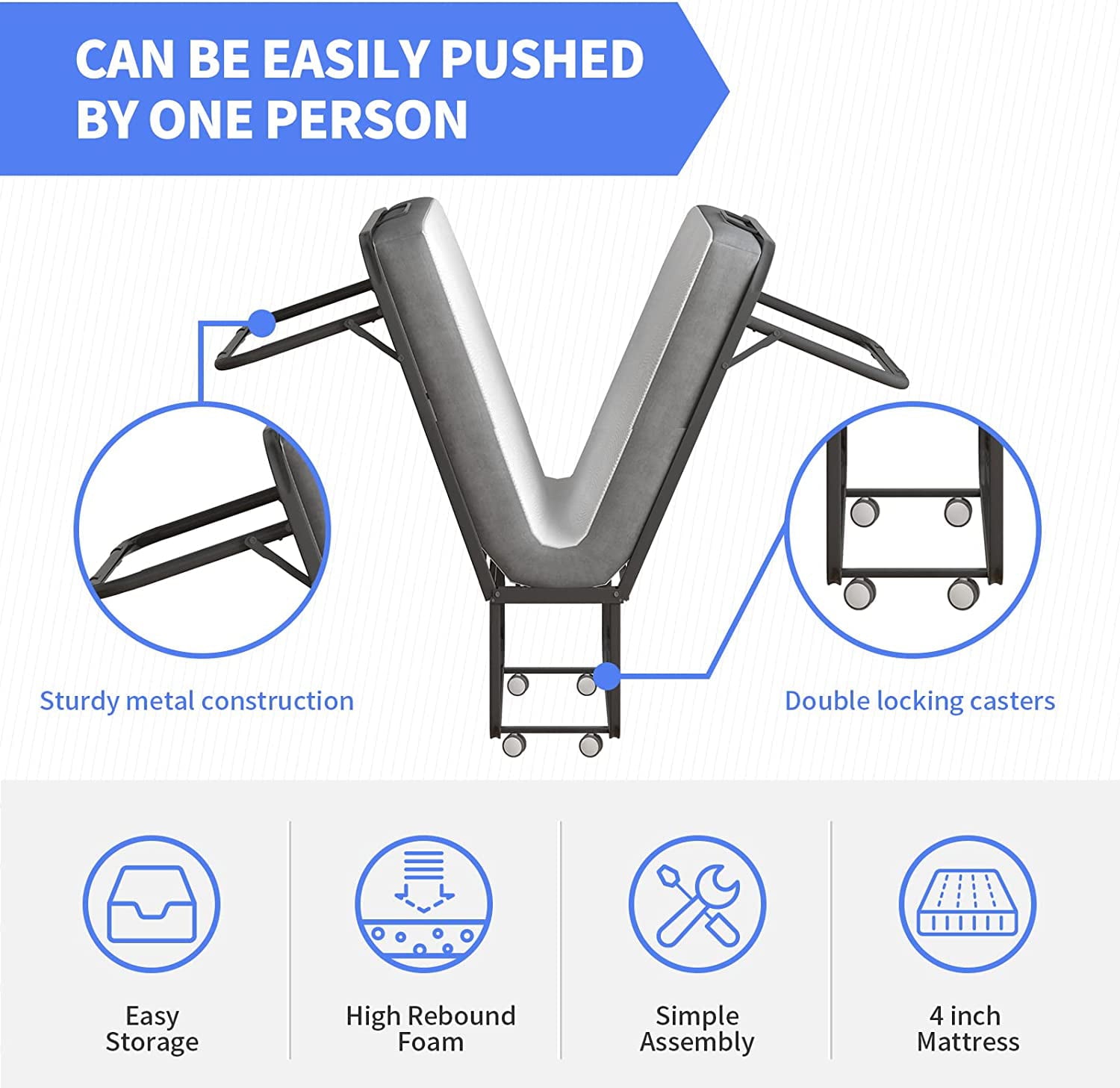 ZAFLY Folding Bed with 4 Inch Mattress, Rollaway Folding Guest Bed Fold Up Bed with Lockable Wheels, Space Saving Foldable Bed Portable Bed, Rollaway Bed with Folding Mattress