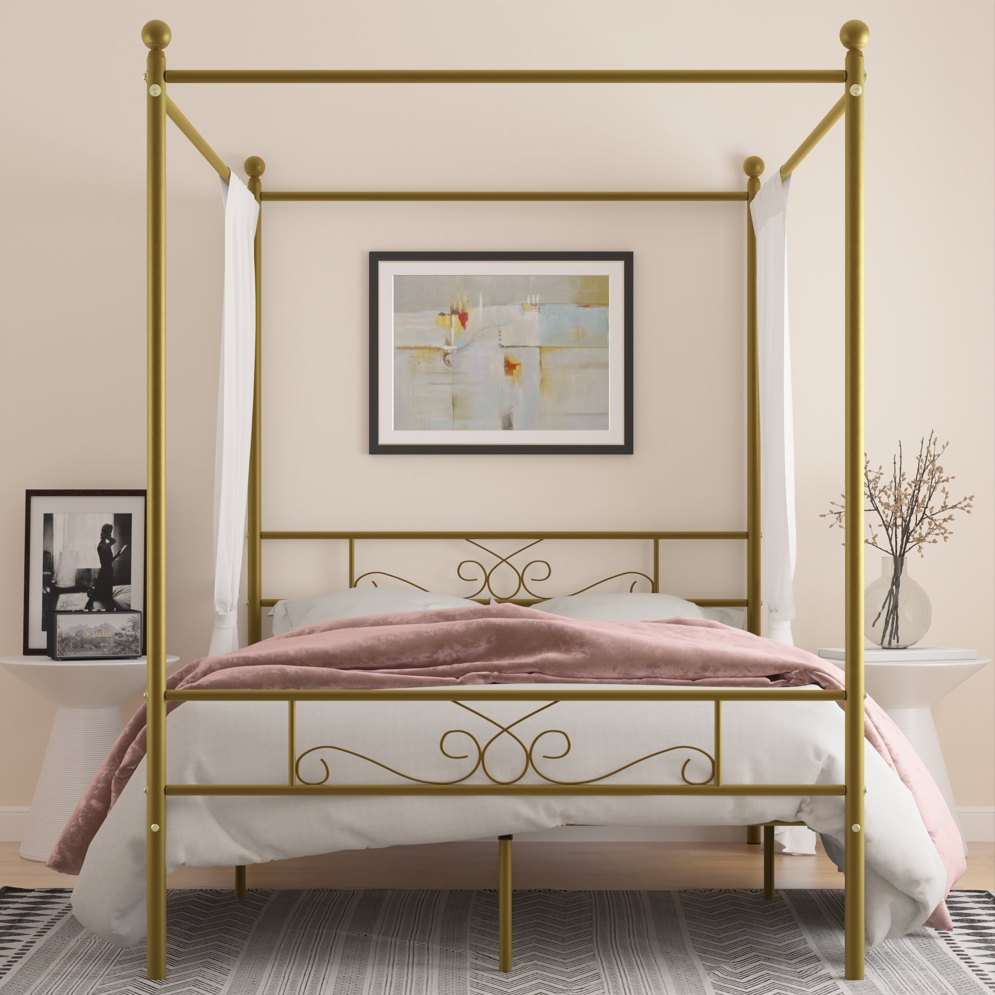 Yoneston 4-Post Metal Canopy Bed Frame Strong Metal Slat Support Mattress Foundation, Full, Gold