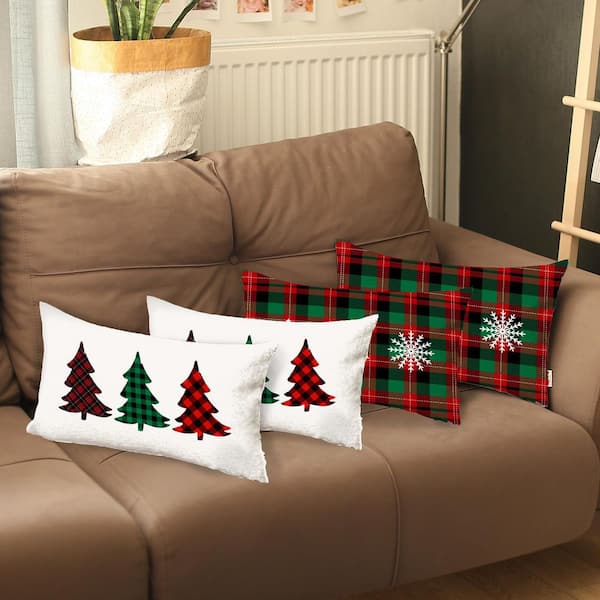 Decorative Christmas Tree & Plaid Throw Pillow Cover Lumbar 12 in. x 20 in. White & Red & Green for Couch Set of 4