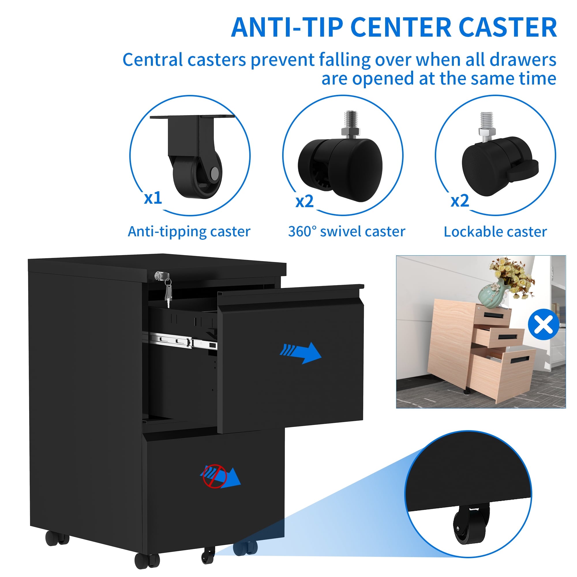 Dextrus 2-Drawer File Cabinet with Lock Rolling Office Filing Organizer for A4/Letter/Legal, Black