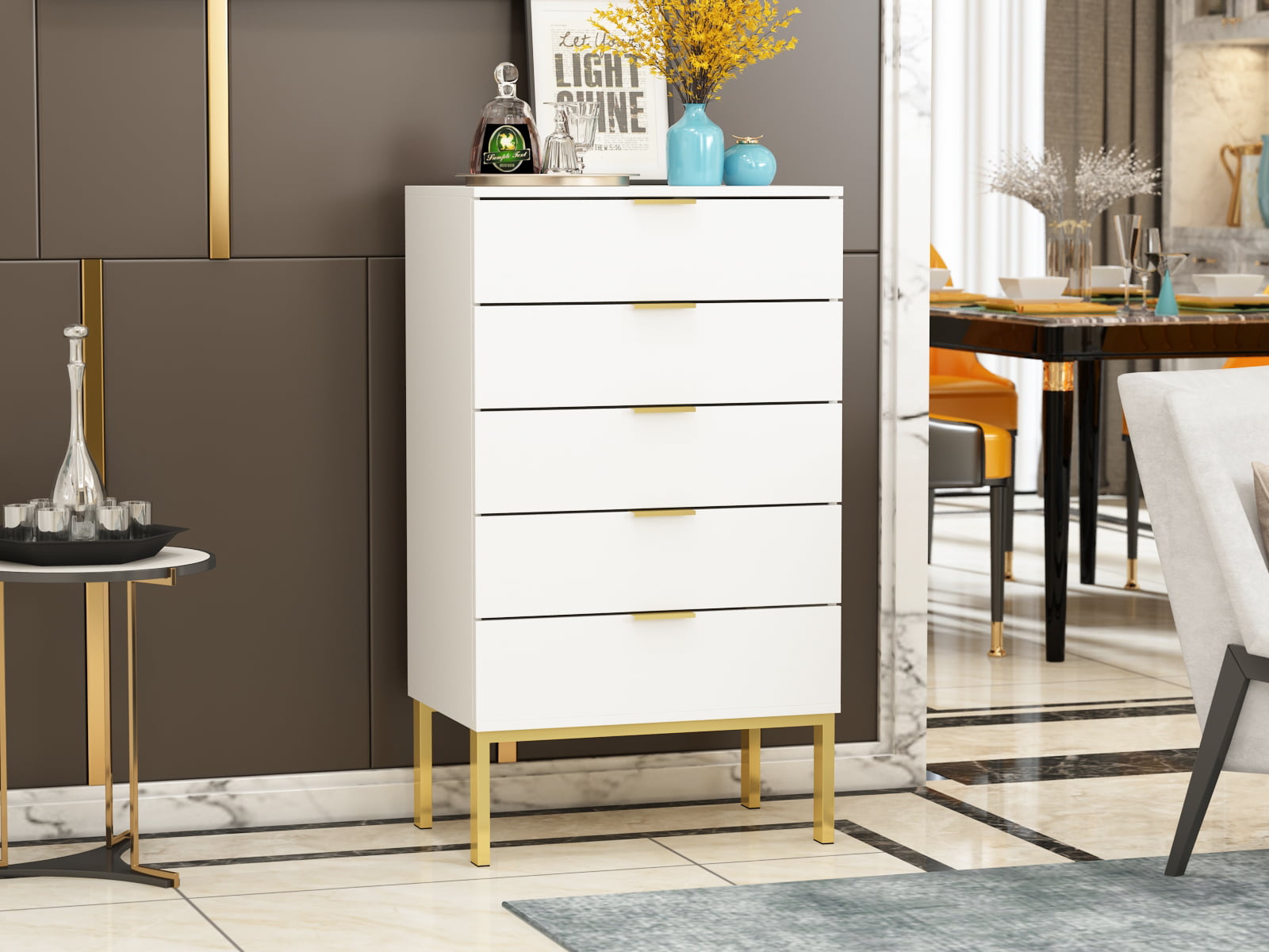 DiDuGo 5 Drawer Dresser for Bedroom Living Room Dresser Chest Wood White-Gold