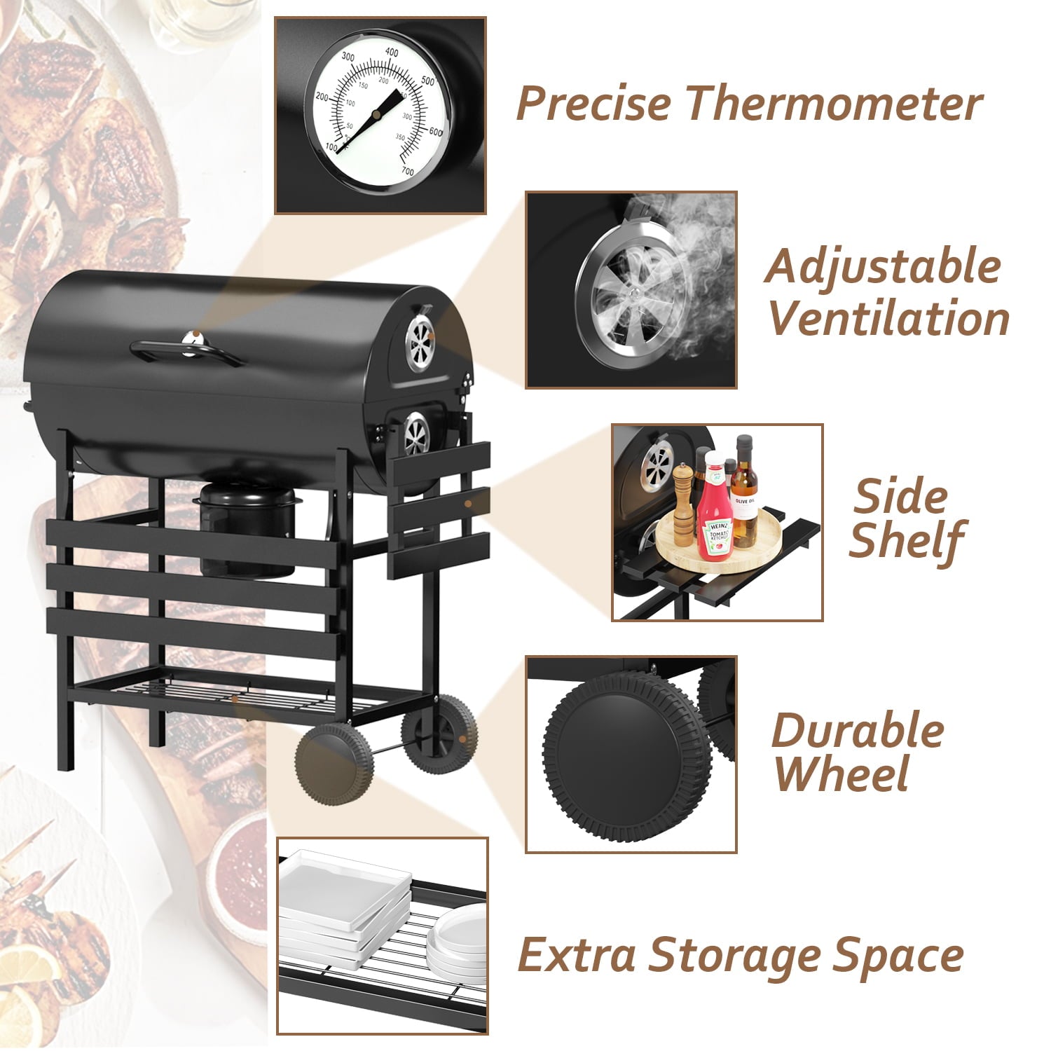 29¡± Barrel Outdoor Charcoal Grill with Side Shelf and Wheels, Black