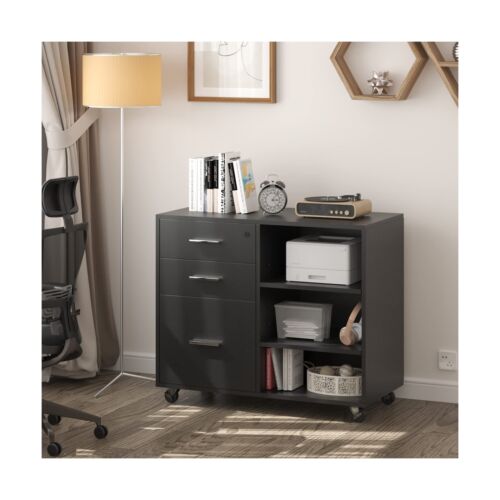 JUMMICO 3 Drawer Mobile File Cabinet, Wood Lateral Filing Cabinet with Lock, ...