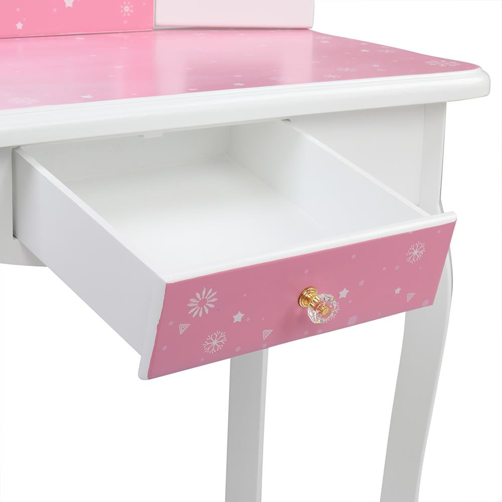 BaytoCare Kids Vanity Table Wooden Dressing Table with Stool and Drawer