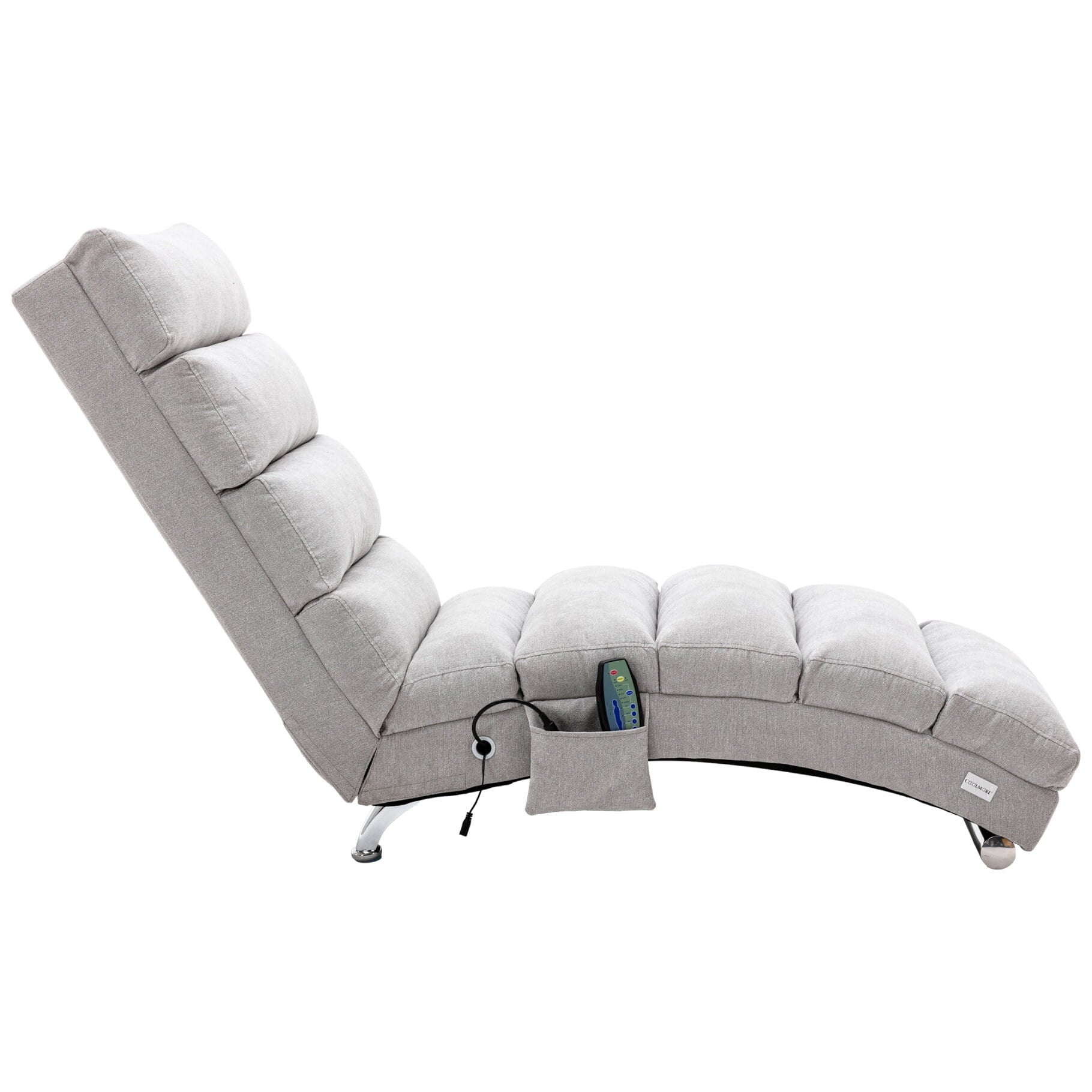 Power Massage Chaise Lounge Chair with 140° Backrest and Side Pocket, Long Lounger Armless Upholstered Chaise with Metal Legs for Office Living Room, Light Grey