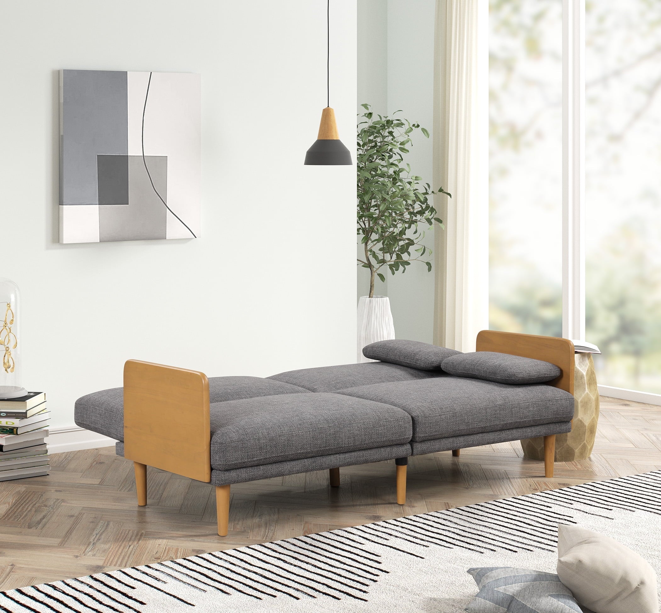 Better Homes & Gardens Futon With Wood Arms, Gray Linen