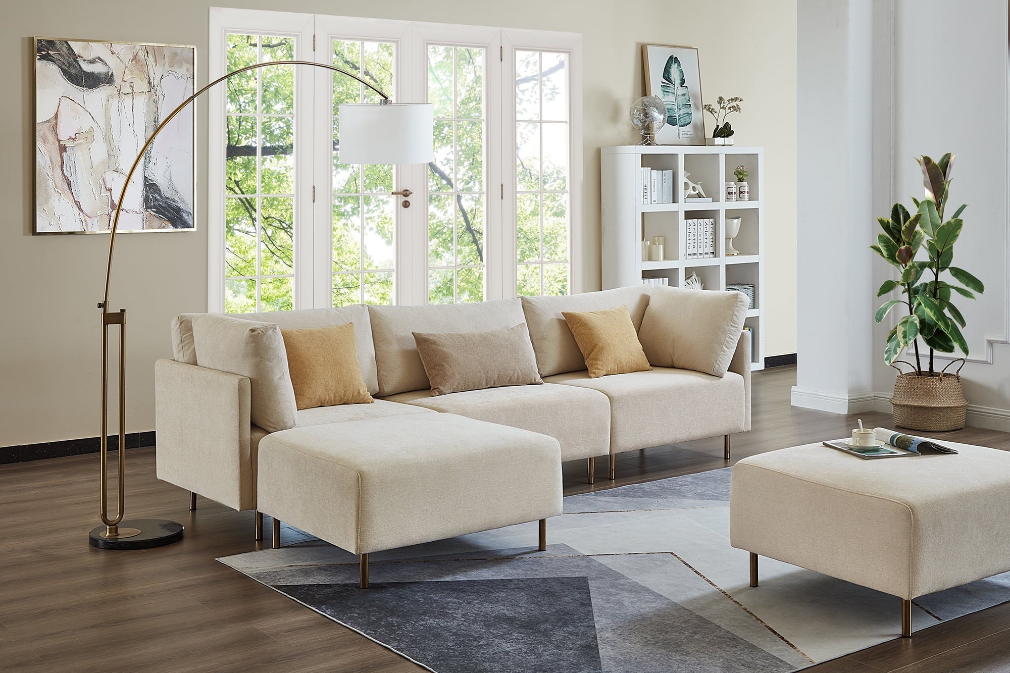 Familymill 108'' Fabric L-Shaped Modular Sectional Sofa with Removable Ottoman and 3 Pillows