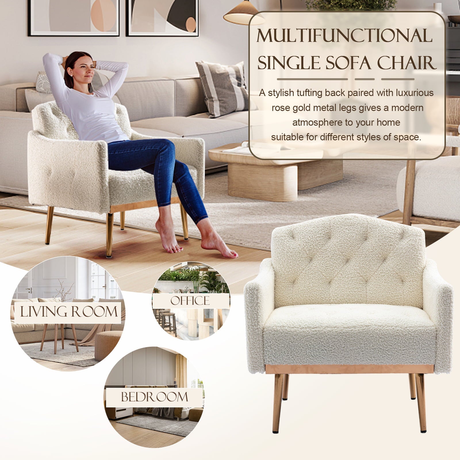 Muumblus Modern Accent Chair, Upholstered Single Sofa Chair Sherpa Arm Chair for Living Room and Bedroom, Comfy Armchair with Metal Legs, White Velvet