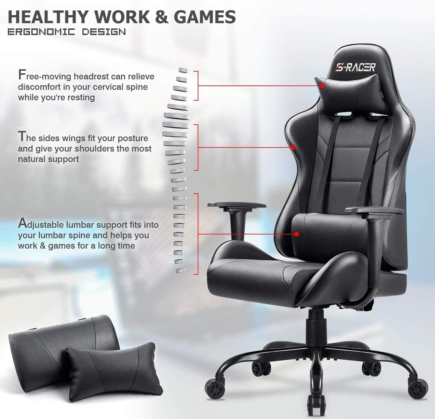 Homall Gaming Chair Office Chair High Back Racing Computer Chair PU Leather Adjustable Seat Height Swivel Chair Ergonomic Executive Chair with Headrest, Black