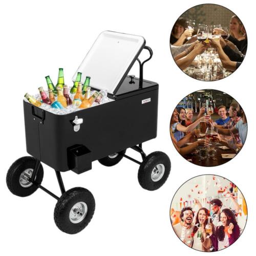 80 Quart Wagon Rolling Cooler Party Ice Chest, w/ Long Handle and 10" Wheels