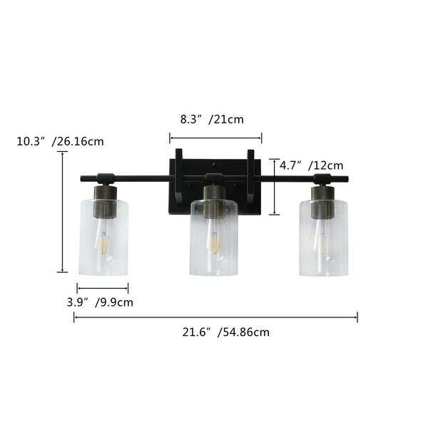 21.6 in. 3-Light Black Bathroom Dimmable Vanity Light with Clear Glass Shades