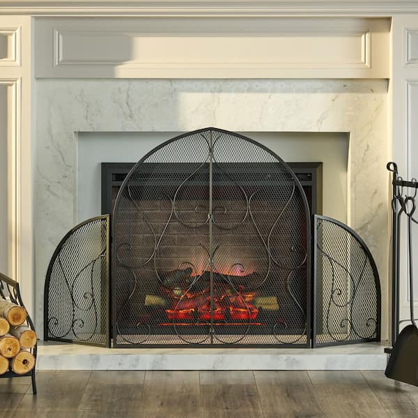 Haddon Matte Black Metal 3-Panel Fireplace Screen