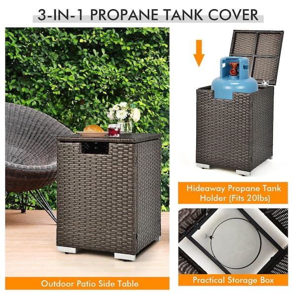 32 in.x 20 in. Propane Rattan Fire Pit Table Set w/Side Table Tank & Cover 40,000 BTU