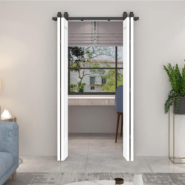 60 in. x 80 in. 1 Panel Shaker White Painted MDF Composite Double Bi-Fold Barn Door with Sliding Hardware Kit