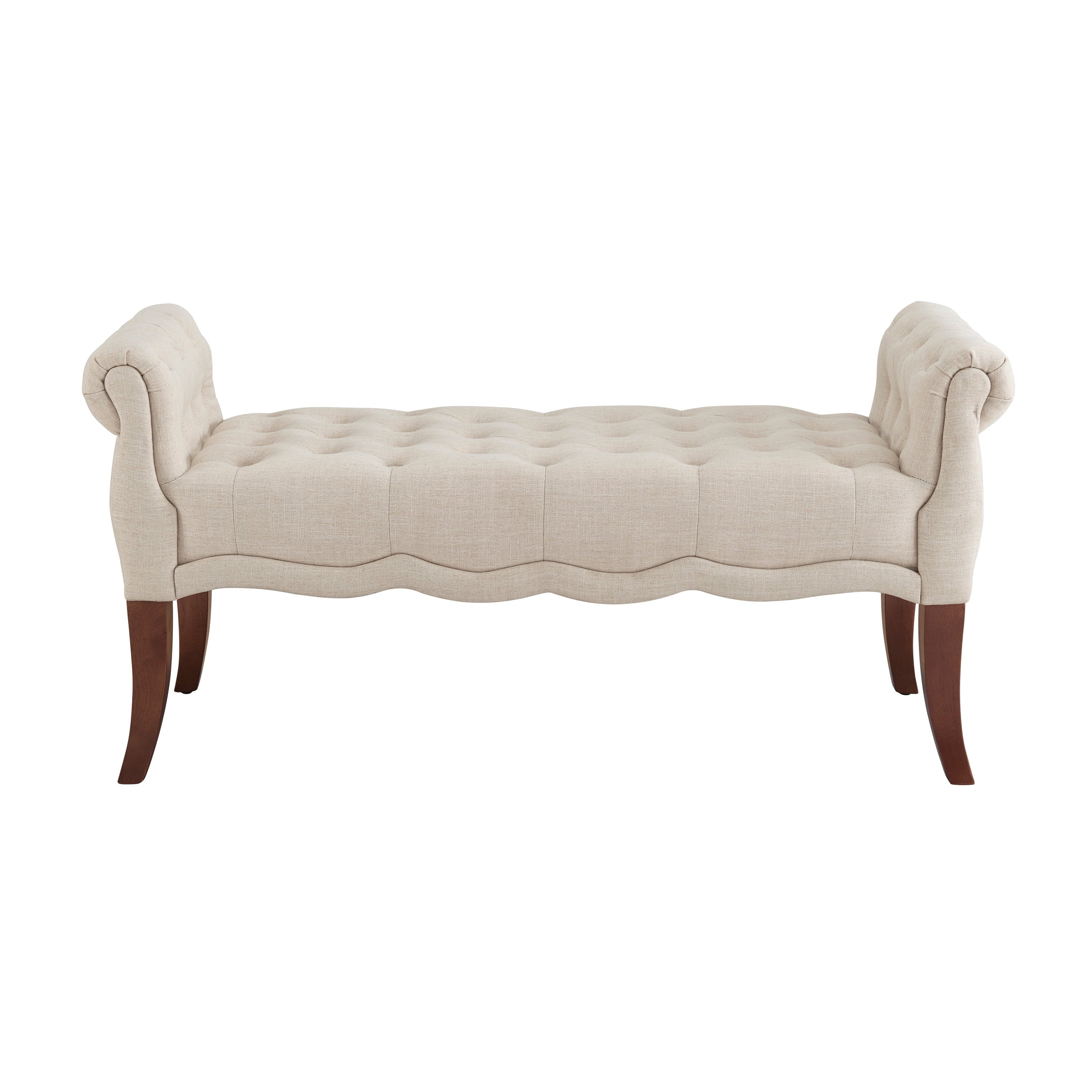 Linon Menlo Rolled Arm Button Tufted Bench, Dark Walnut Finish with Natural Fabric