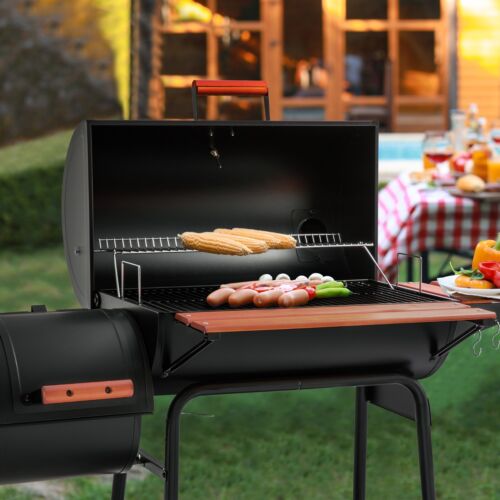 Royal Gourmet Charcoal Grill w/ Offset Smoker Wood-Painted Side & Front Table