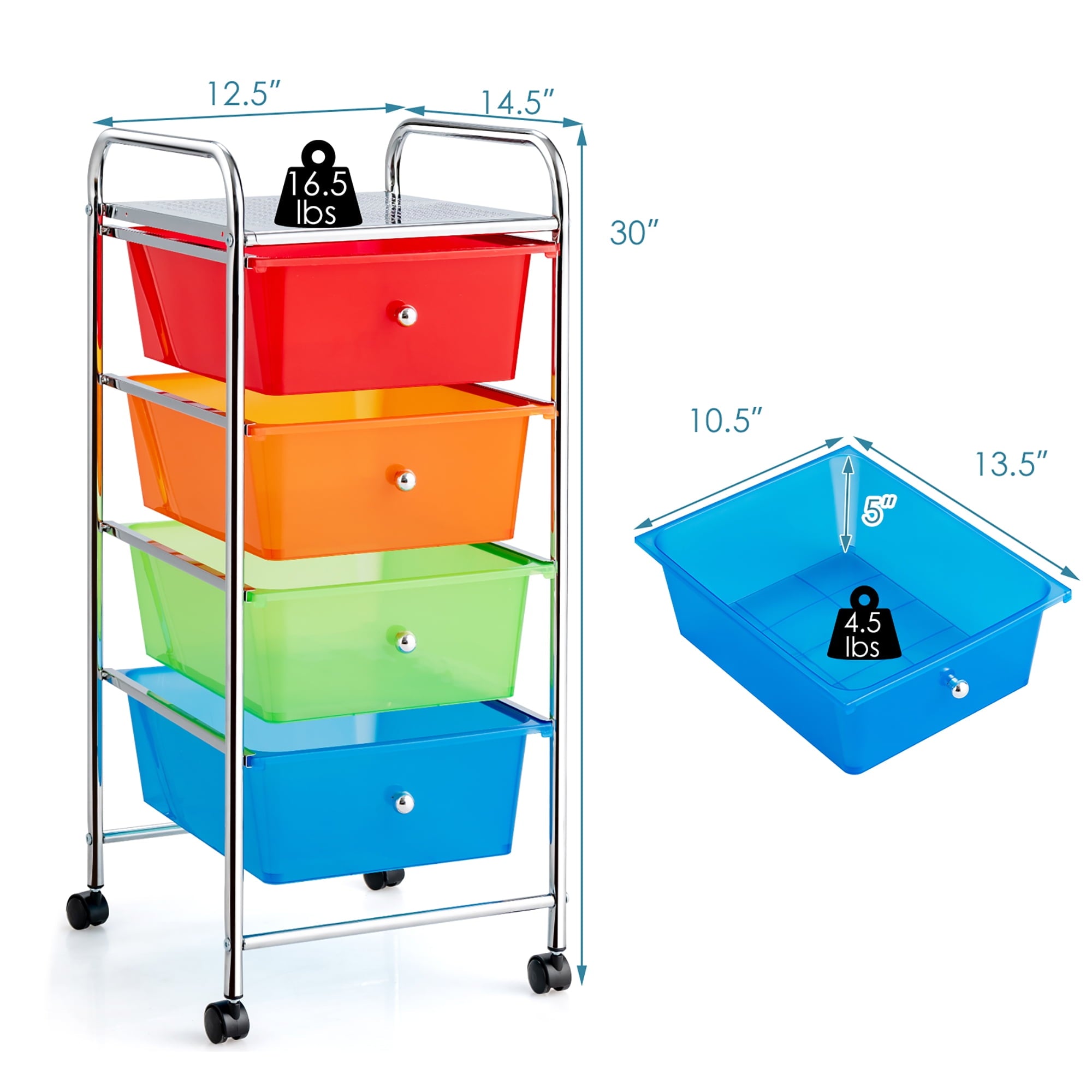 Costway 4-Drawer Cart Storage Bin Organizer Rolling w/Plastic Drawers Rainbow