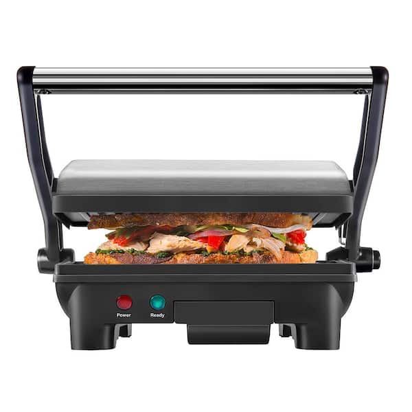 8 in. Black Electric Panini Press Grill and Gourmet Sandwich Maker with Non-Stick Coated Plates, Opens 180 Degrees