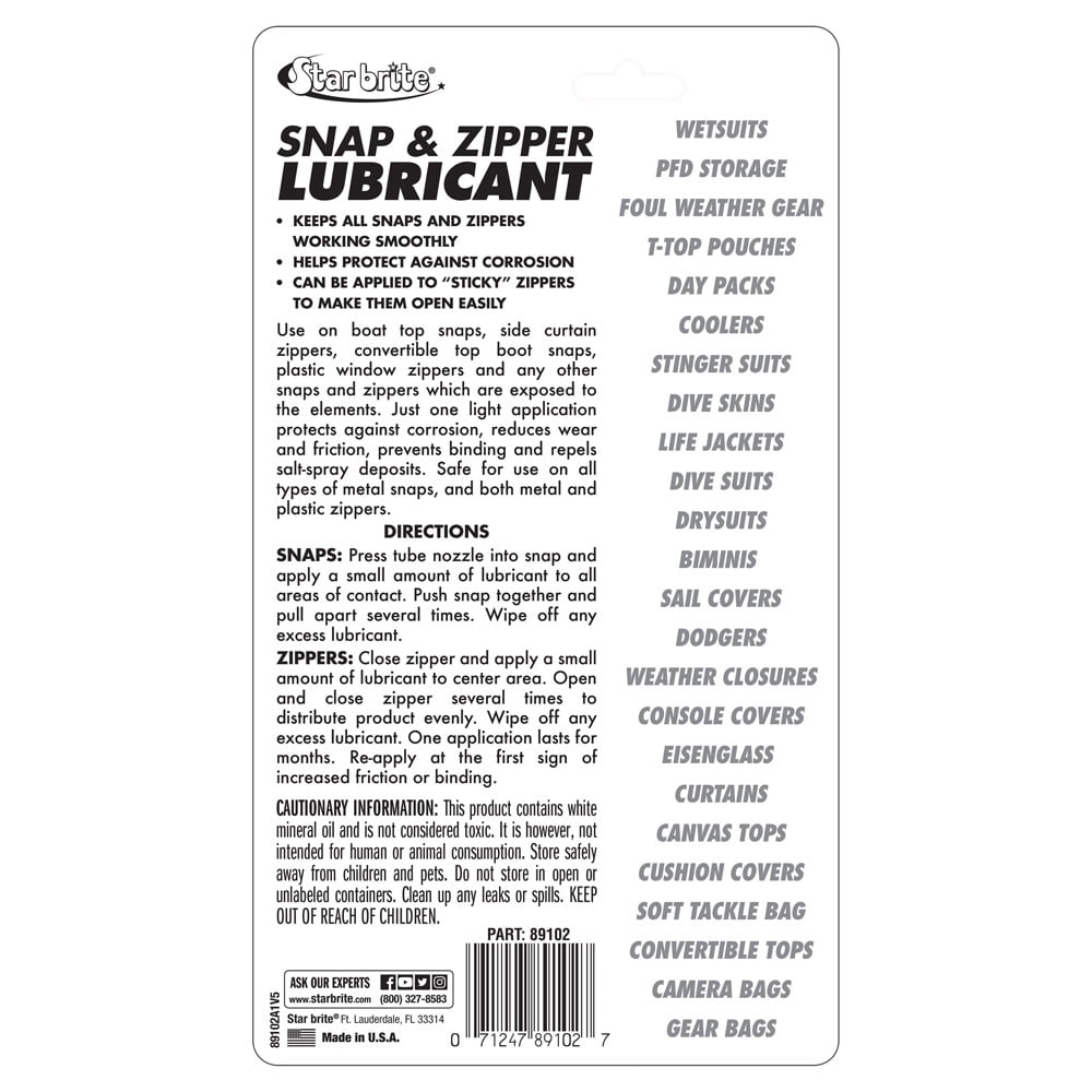 Star Brite Snap and Zipper Lubricant - Clear, 2 Oz. for Boats, All Other Snaps and Zippers Boat Accessory