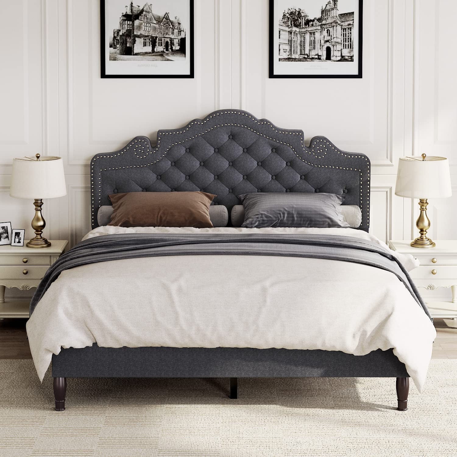 Allewie Queen Platform Bed Frame with Upholstered Diamond Button Tufted Adjustable Fabric Headboard, Dark Grey