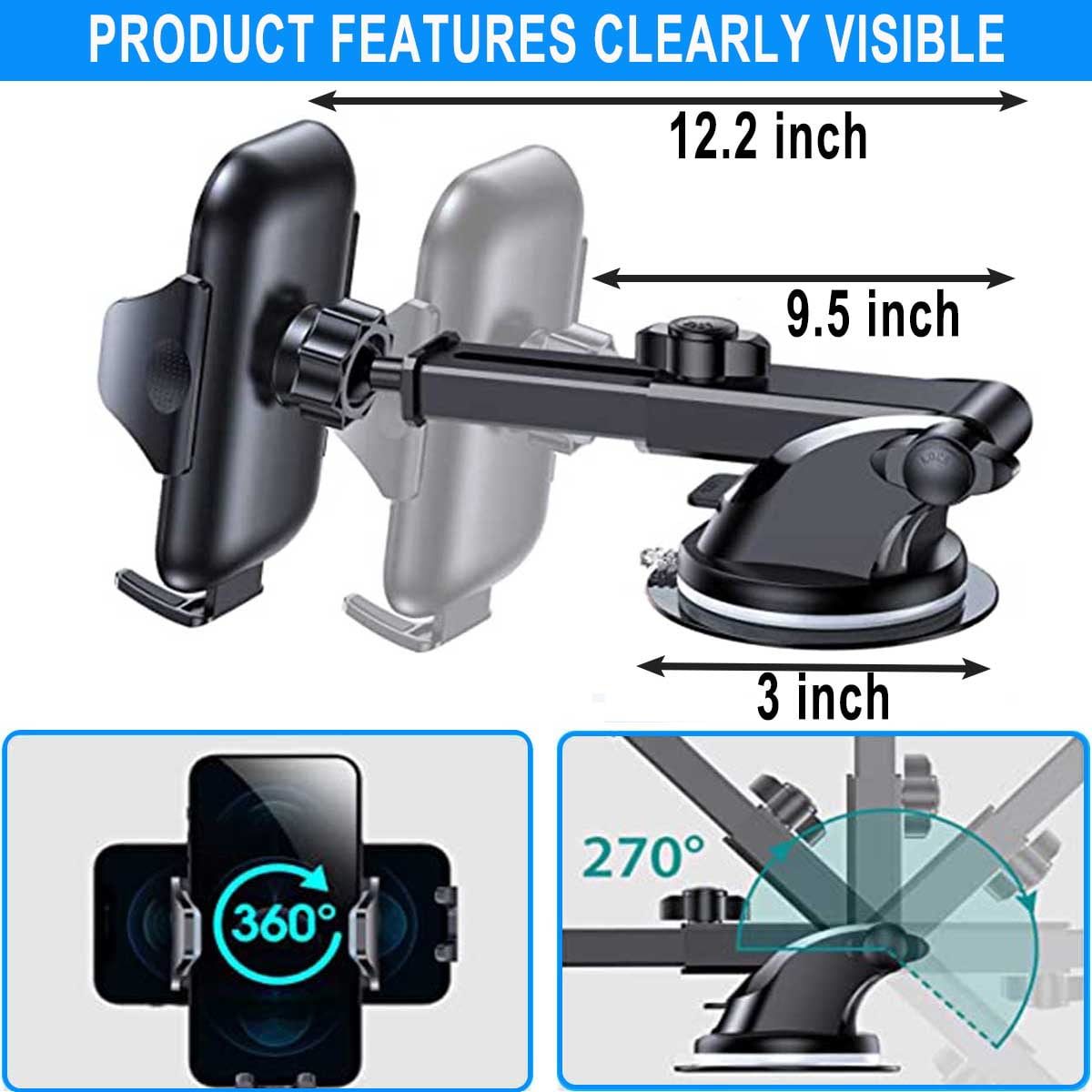Car Phone Mount, Phone Holder for Car, Long Arm Suction Cup Phone Holder, Strong Universal Hands-Free Suction Cell Phone Holder, Car Phone Holder Mount for All Smartphone