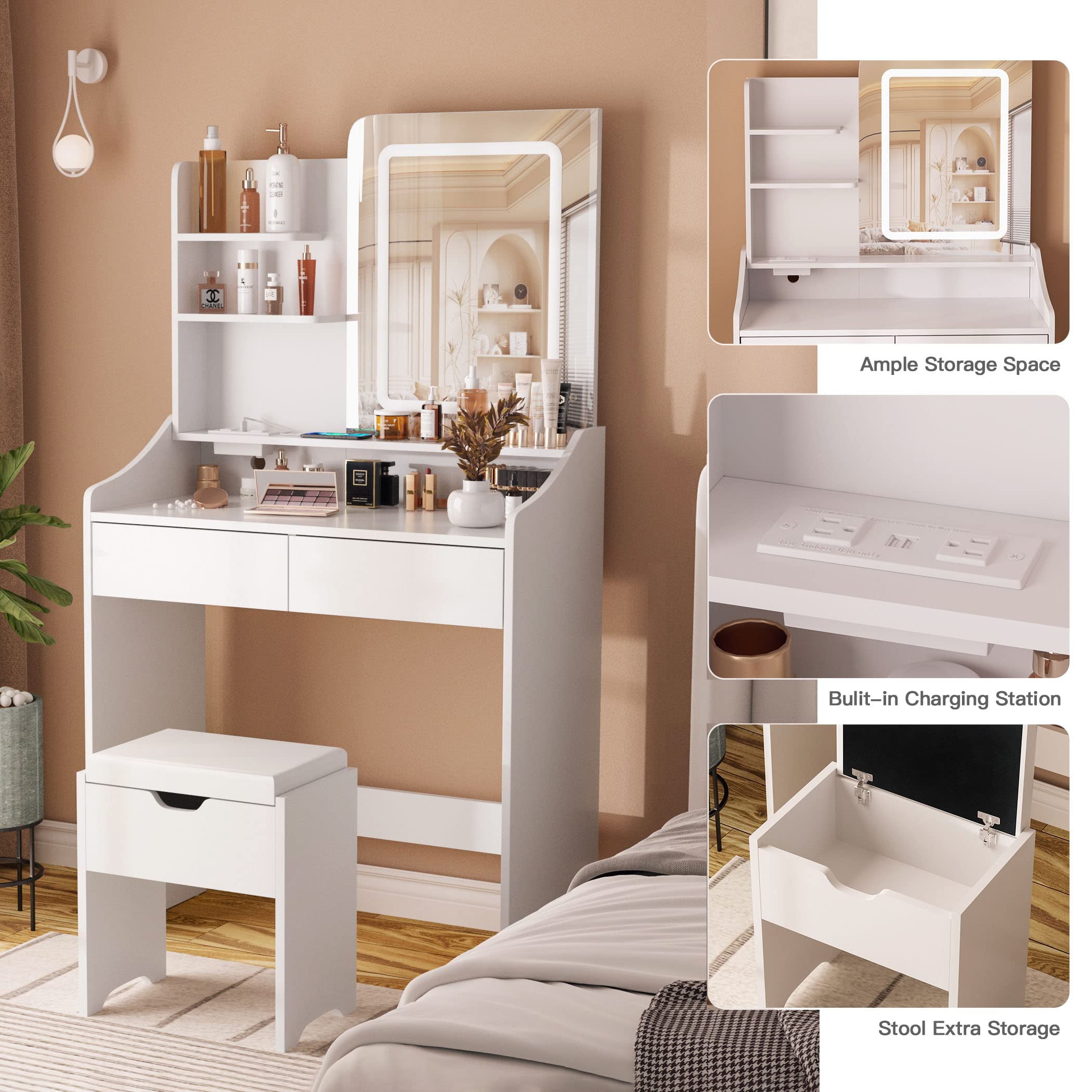 Veanerwood Makeup Vanity Desk with Lights and Power Strip, Vanity Dressing Table Set with Drawers and Shelves, Bedroom, 31.5in, White